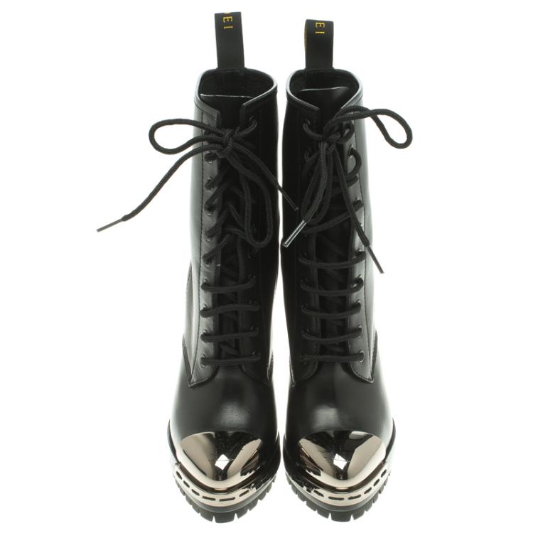 Pre Owned Casadei Black Leather Metal Cap Toe Lace Up  Boots Size 37.5