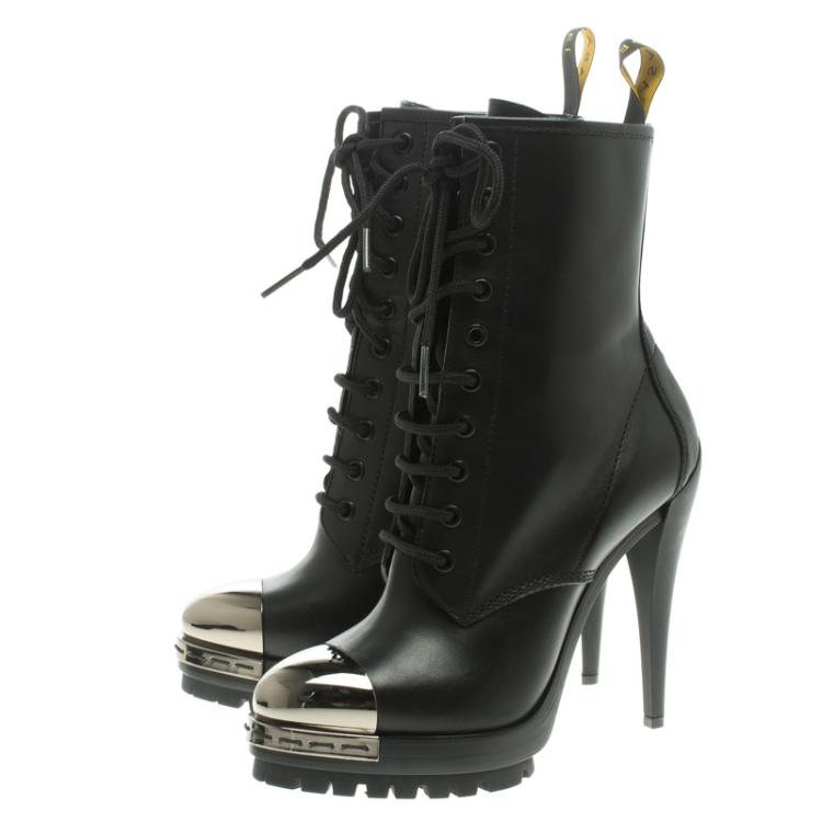 Pre Owned Casadei Black Leather Metal Cap Toe Lace Up  Boots Size 37.5