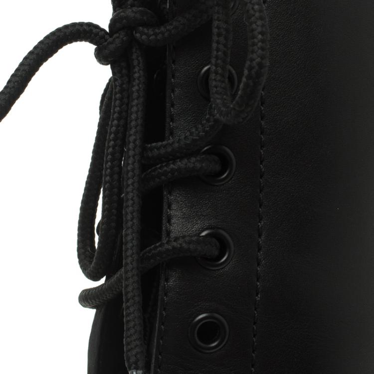 Pre Owned Casadei Black Leather Metal Cap Toe Lace Up  Boots Size 37.5