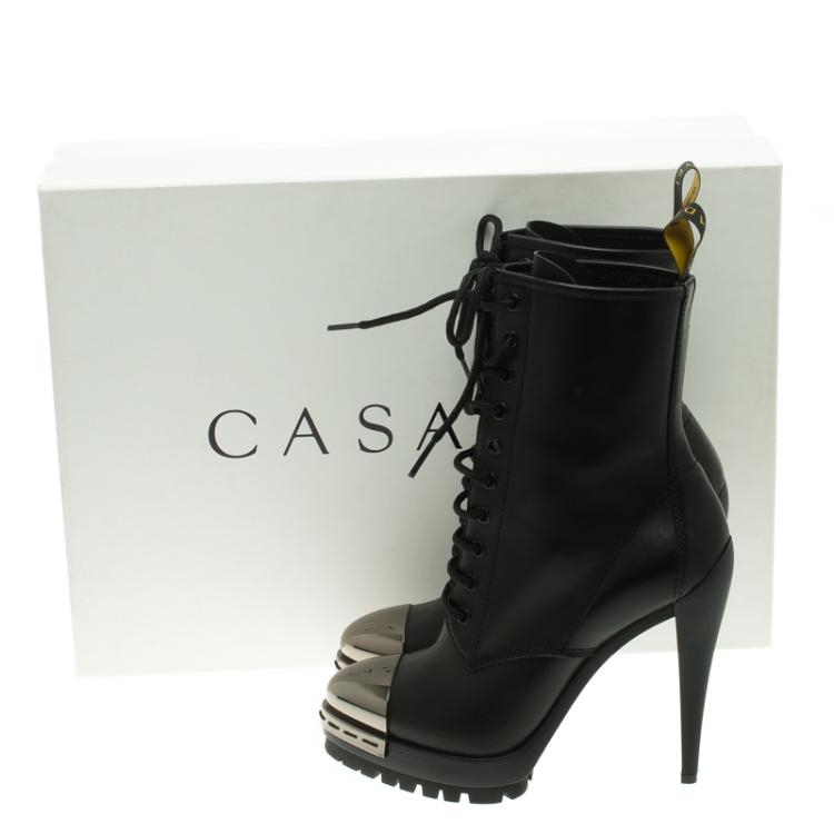 Pre Owned Casadei Black Leather Metal Cap Toe Lace Up  Boots Size 37.5