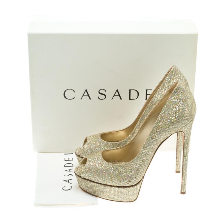 Pre Owned Casadei Glitter Lamé Fabric Peep Toe Platform Pumps Size 41