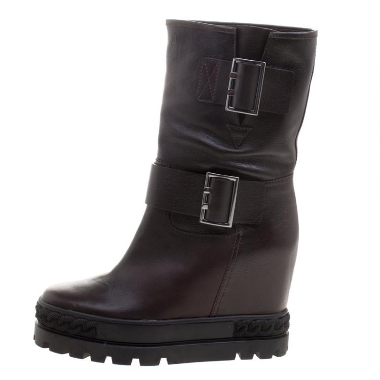 Pre Owned Casadei Dark Brown Leather Wedge Boots Size 40