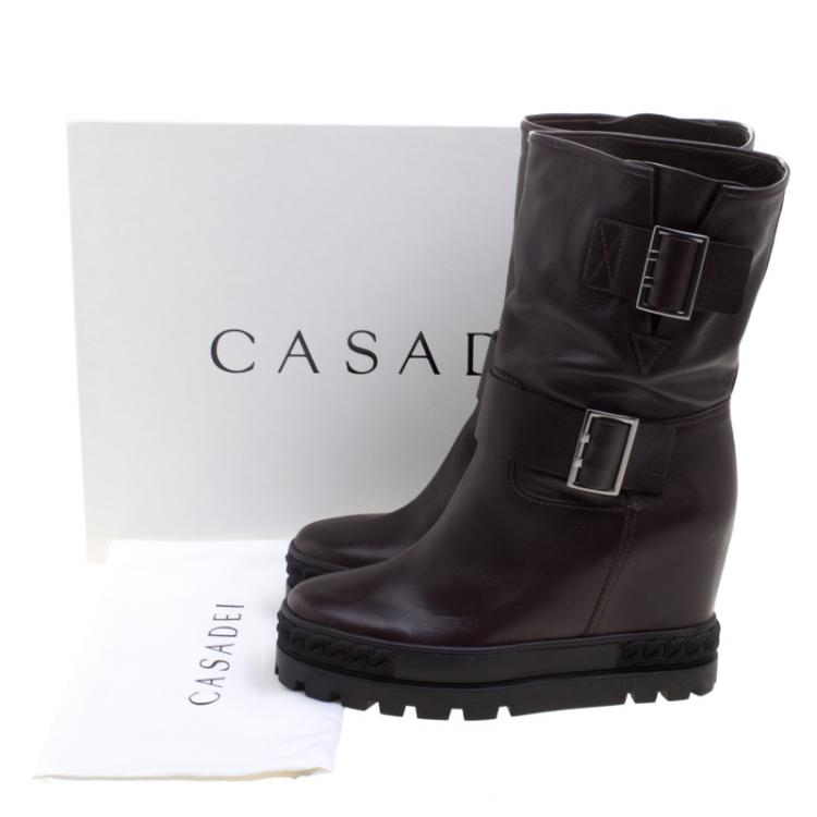Pre Owned Casadei Dark Brown Leather Wedge Boots Size 40