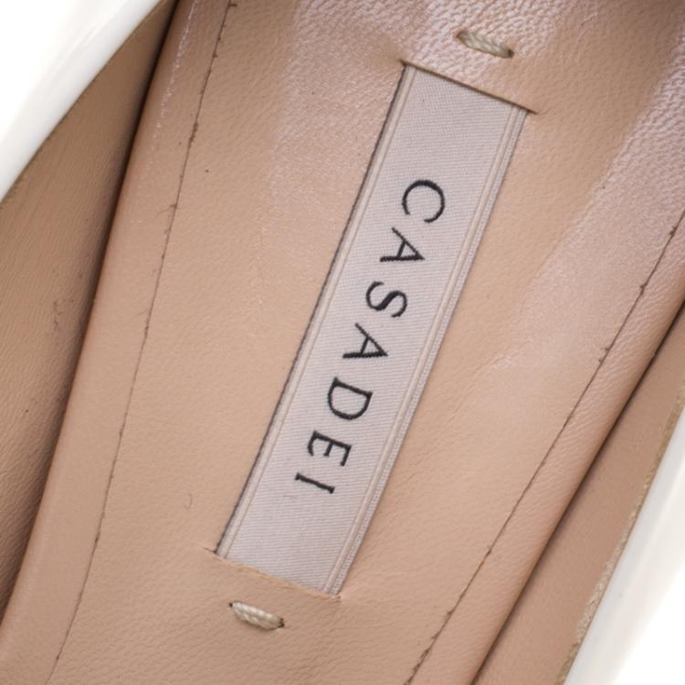 مملوكة مسبقًا Casadei Off White Patent Leather Platform Peep Toe Pumps Size 40