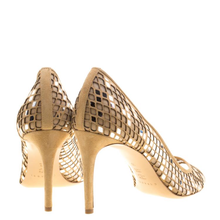 Pre Owned Casadei Beige Suede Laser Cut Peep Toe Pumps Size 40