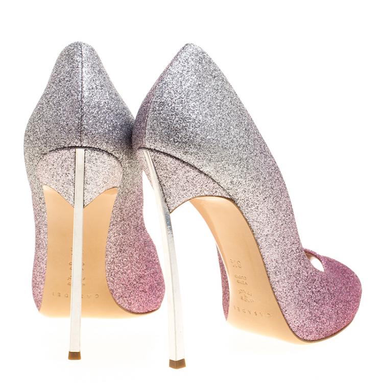 Pre Owned Casadei Pink and Silver Ombrè Glitter Pegasus Peep Toe Pumps Size 38.5