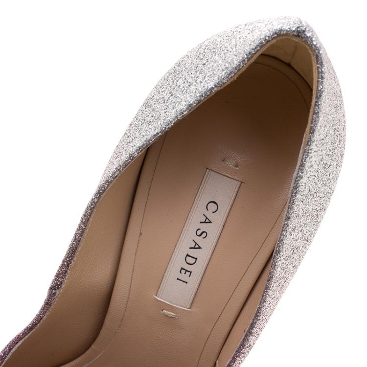 Pre Owned Casadei Pink and Silver Ombrè Glitter Pegasus Peep Toe Pumps Size 38.5