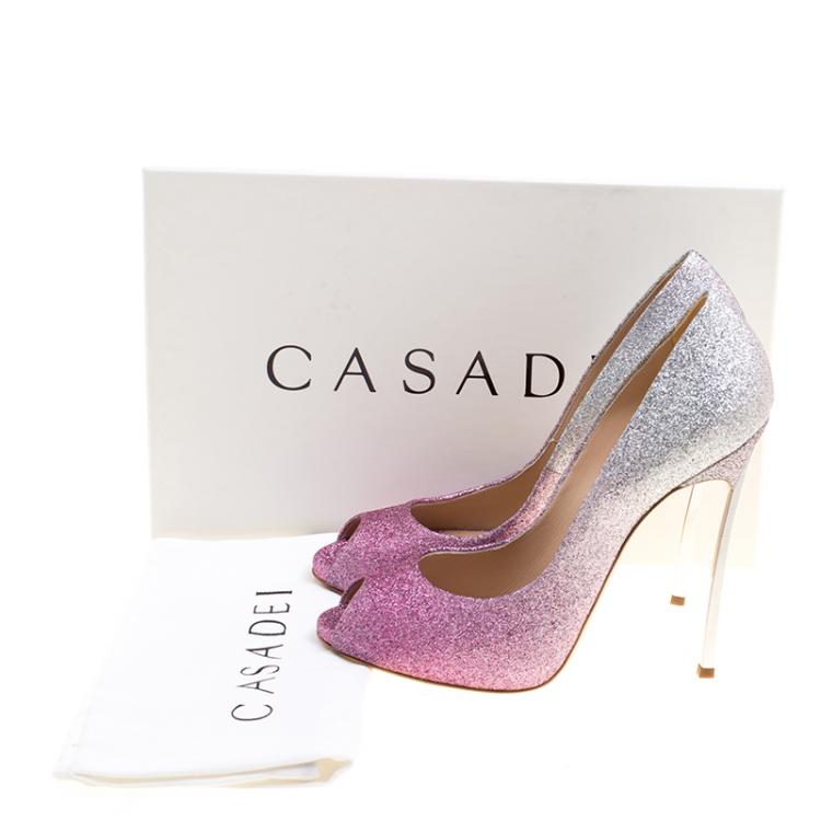 Pre Owned Casadei Pink and Silver Ombrè Glitter Pegasus Peep Toe Pumps Size 38.5