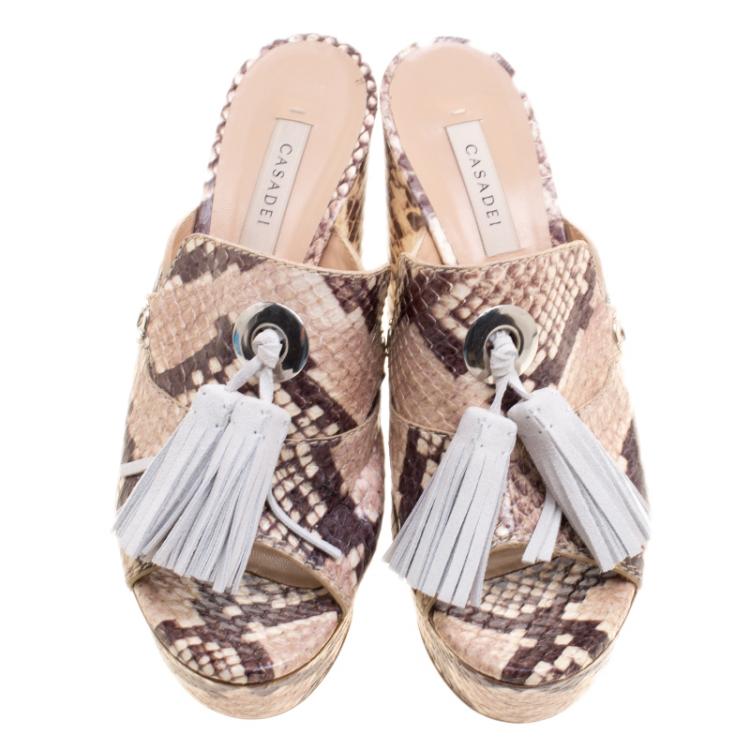 Pre Owned Casadei Beige Roccia Snake Print Embossed Python Leather Peep Toe Mules Size 37