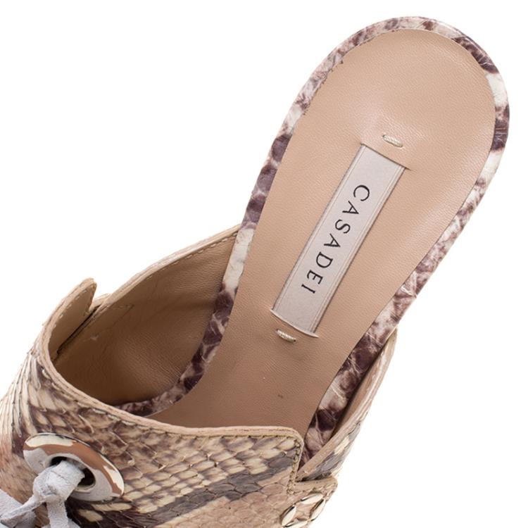 Pre Owned Casadei Beige Roccia Snake Print Embossed Python Leather Peep Toe Mules Size 37