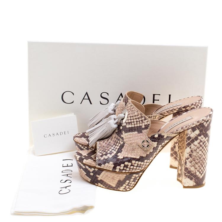 Pre Owned Casadei Beige Roccia Snake Print Embossed Python Leather Peep Toe Mules Size 37
