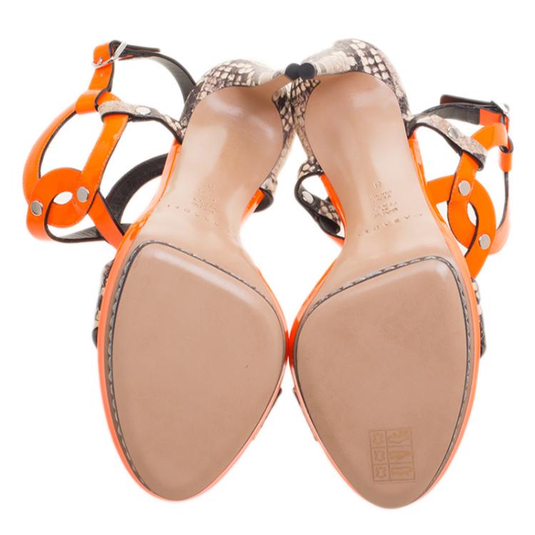 مملوكة مسبقًا Casadei Orange Patent and Embossed Roccia Leather Platform Ankle Strap Sandals Size 38