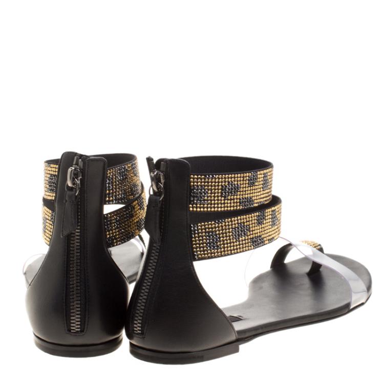 Pre Owned Casadei Two Tone Crystal Embellished Ankle Cuff and PVC Vinil Flat Sandals Size 40