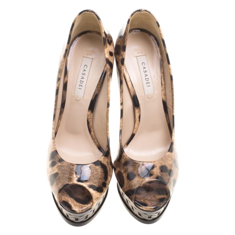 Pre Owned Casadei Leopard Print Patent Leather Animalier Peep Toe Platform Pumps Size 37
