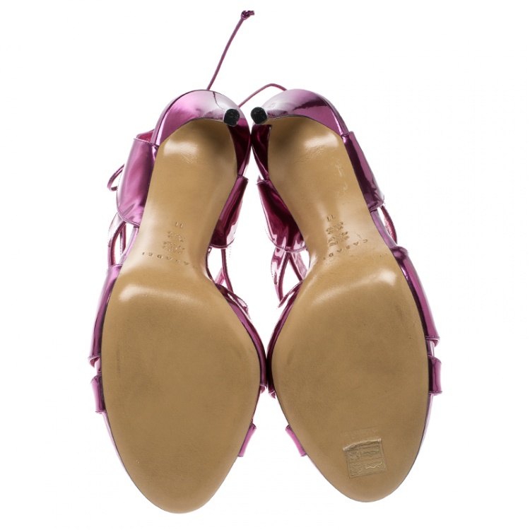 Pre Owned Casadei Metallic Pink Leather Cut Out Peep Toe Sandals Size 41