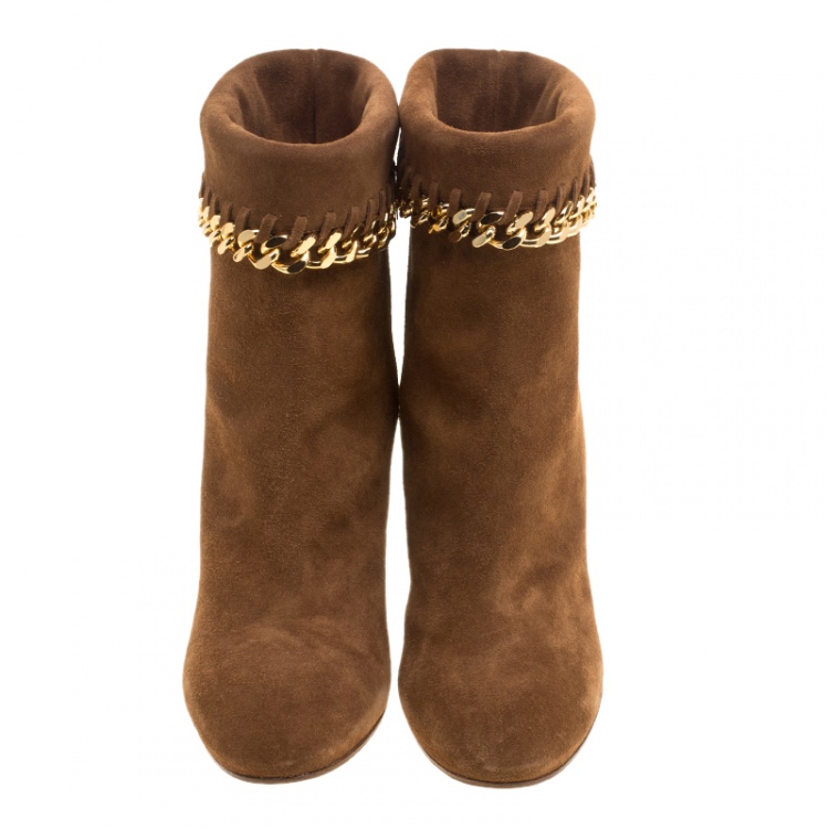 Pre Owned Casadei Brown Suede Renna Chain Trim Ankle Boots Size 38.5