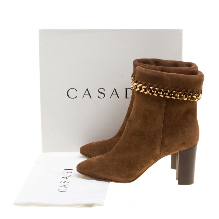 Pre Owned Casadei Brown Suede Renna Chain Trim Ankle Boots Size 38.5