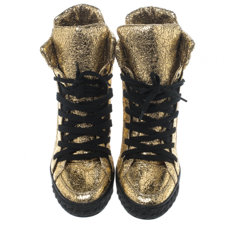 Pre Owned Casadei Gold Metallic Crackled Leather High Top Sneakers Size 41