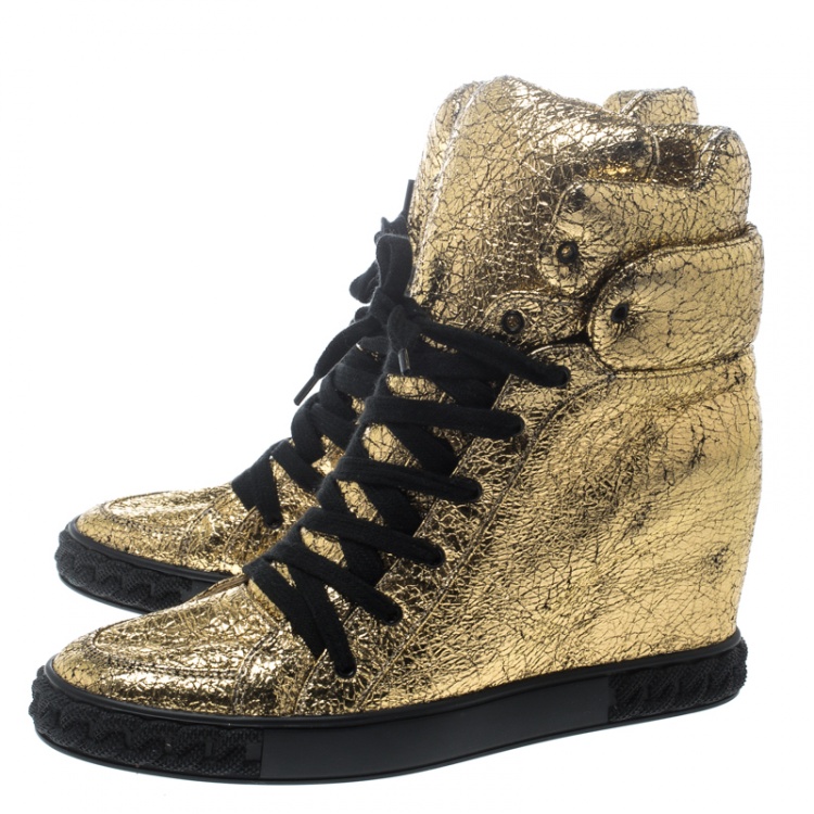Pre Owned Casadei Gold Metallic Crackled Leather High Top Sneakers Size 41