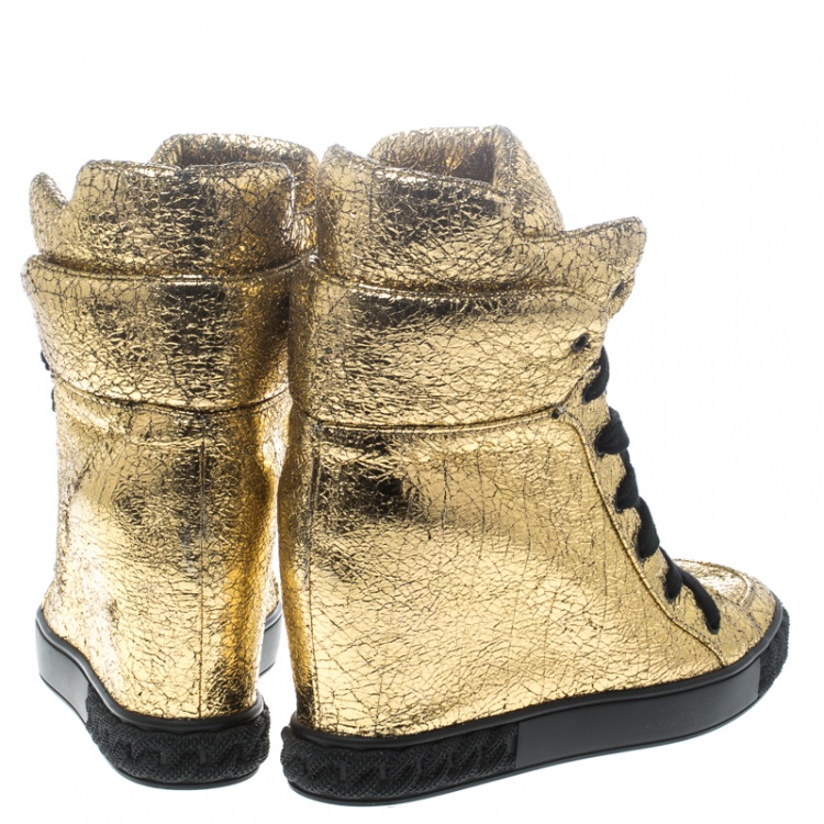 Pre Owned Casadei Gold Metallic Crackled Leather High Top Sneakers Size 41
