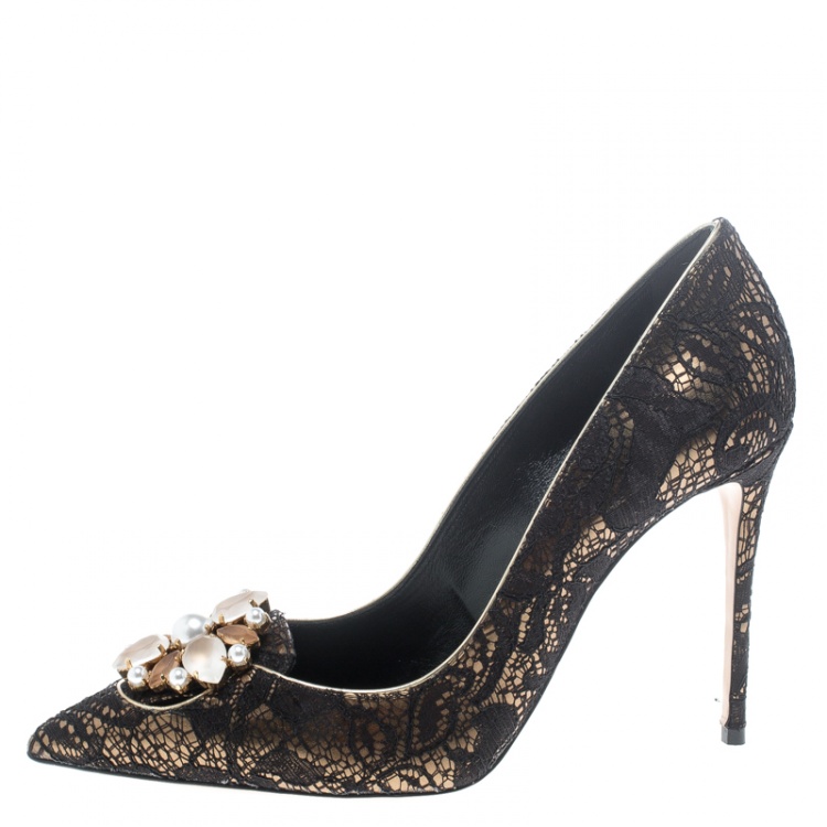 Pre Owned Casadei Black Lace Giulia Embellished Pointed Toe Pumps Size 37