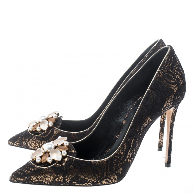 Pre Owned Casadei Black Lace Giulia Embellished Pointed Toe Pumps Size 37