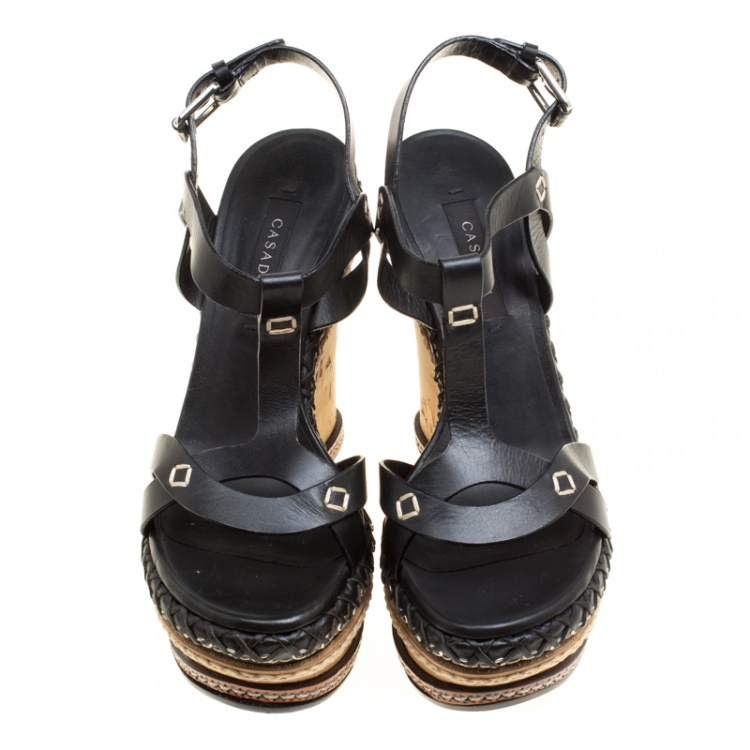 Pre Owned Casadei Black Leather Cork Wedge T Strap Sandals Size 35