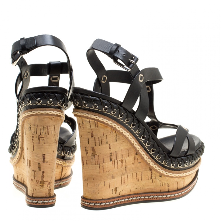 Pre Owned Casadei Black Leather Cork Wedge T Strap Sandals Size 35