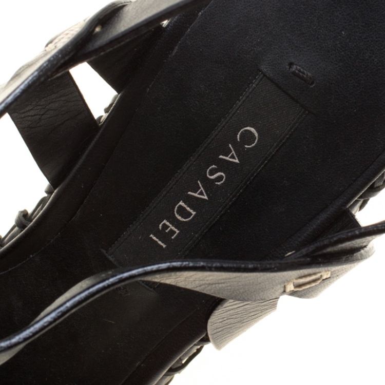 Pre Owned Casadei Black Leather Cork Wedge T Strap Sandals Size 35