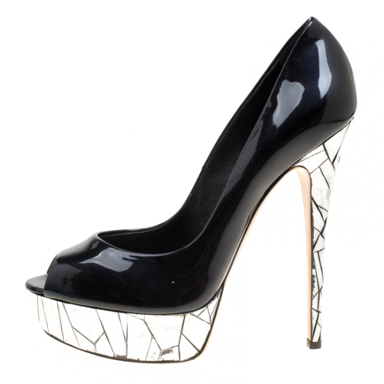Pre Owned Casadei Black Patent Leather Mosaic Mirror Heel Peep Toe Platform Pumps Size 40