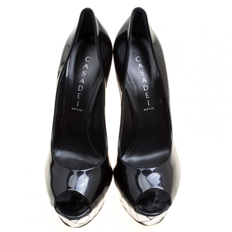 Pre Owned Casadei Black Patent Leather Mosaic Mirror Heel Peep Toe Platform Pumps Size 40
