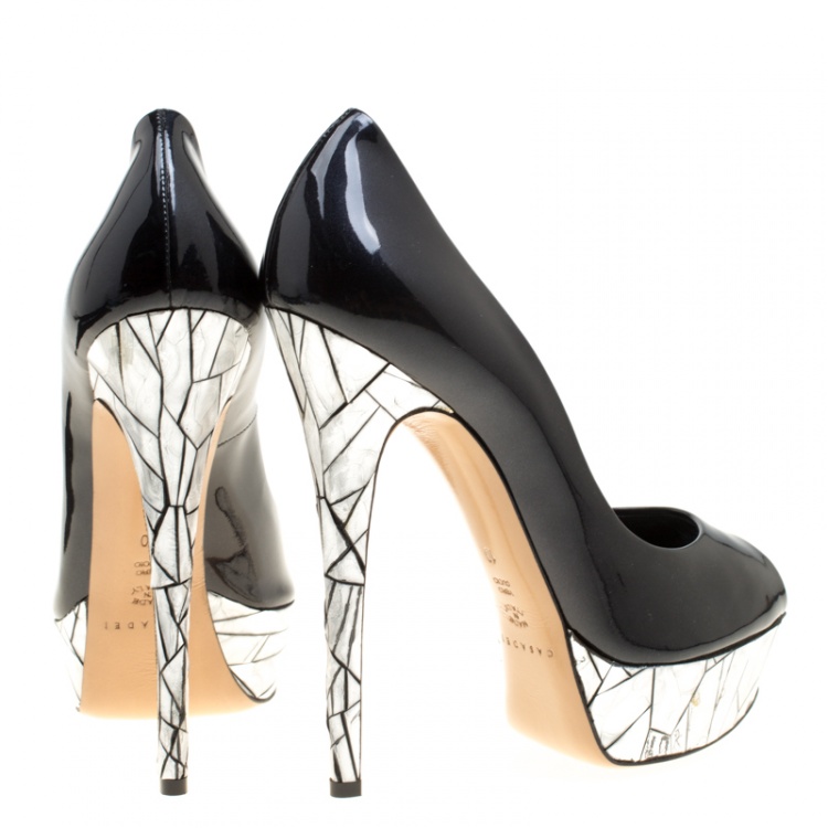 Pre Owned Casadei Black Patent Leather Mosaic Mirror Heel Peep Toe Platform Pumps Size 40