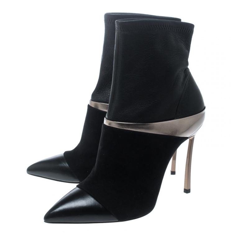 مملوكة مسبقًا Casadei Black Suede and Metallic Leather Pointed Toe Ankle Boots Size 37