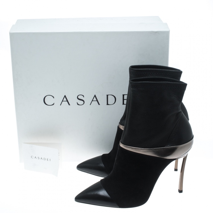 مملوكة مسبقًا Casadei Black Suede and Metallic Leather Pointed Toe Ankle Boots Size 37