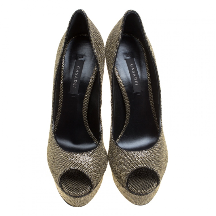 Pre Owned Casadei Black Glitter Lamé Fabric Daisy Peep Toe Platform Pumps Size 39