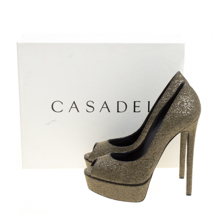 Pre Owned Casadei Black Glitter Lamé Fabric Daisy Peep Toe Platform Pumps Size 39