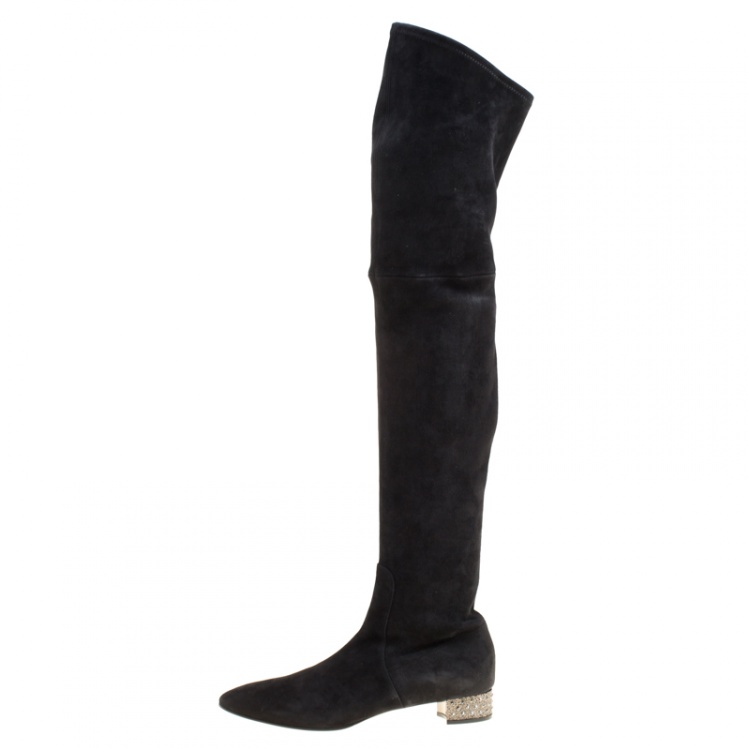 مملوكة مسبقًا Casadei Black Suede Crystal Embellished Heel Over The Knee Boots Size 38.5