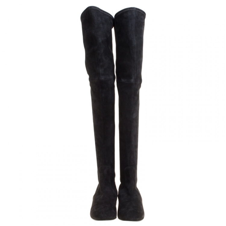 مملوكة مسبقًا Casadei Black Suede Crystal Embellished Heel Over The Knee Boots Size 38.5