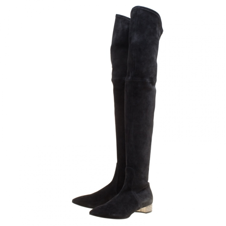 مملوكة مسبقًا Casadei Black Suede Crystal Embellished Heel Over The Knee Boots Size 38.5