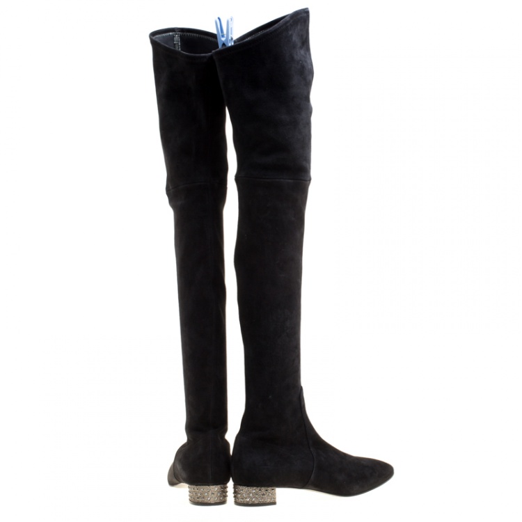 مملوكة مسبقًا Casadei Black Suede Crystal Embellished Heel Over The Knee Boots Size 38.5
