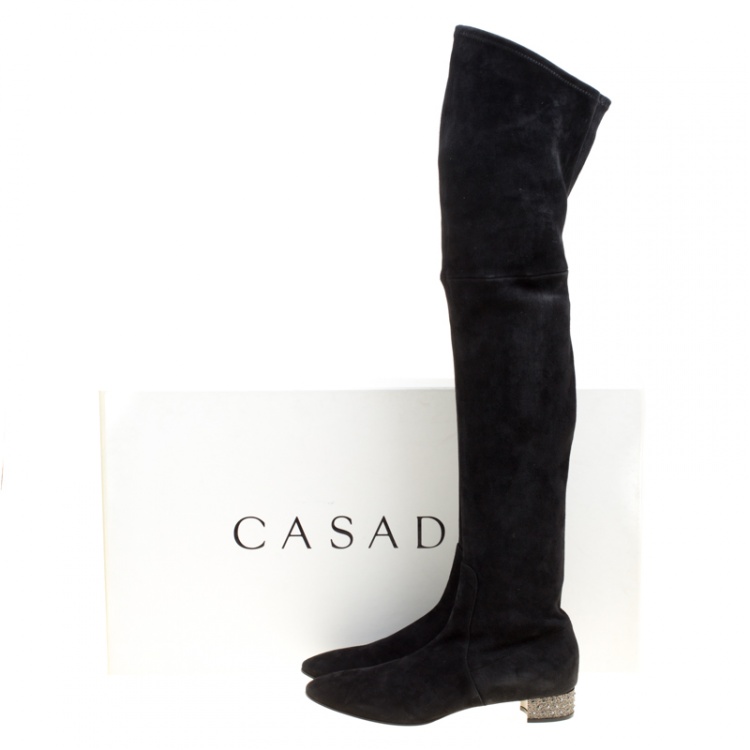 مملوكة مسبقًا Casadei Black Suede Crystal Embellished Heel Over The Knee Boots Size 38.5