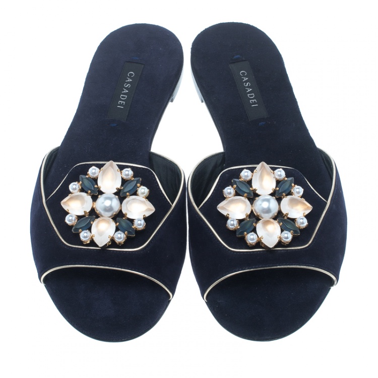 Pre Owned Casadei Navy Blue Suede Crystal Brooch Embellished Peep Toe Flat Slides Size 36