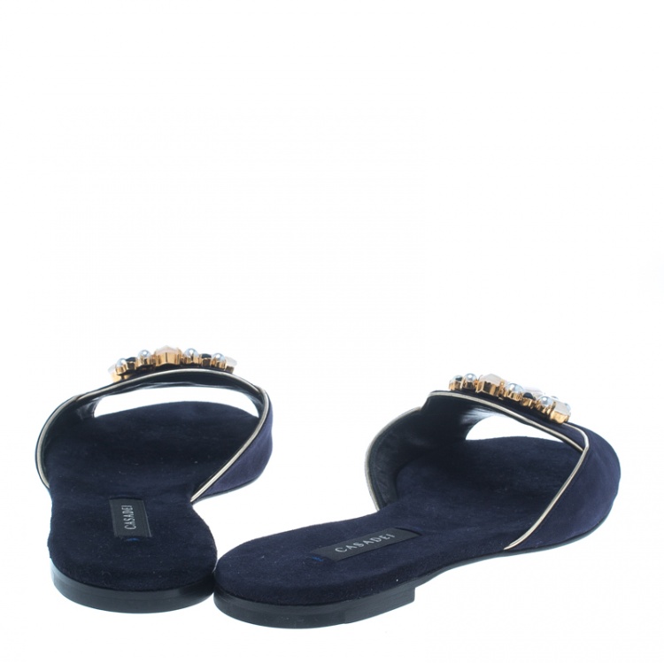 Pre Owned Casadei Navy Blue Suede Crystal Brooch Embellished Peep Toe Flat Slides Size 36