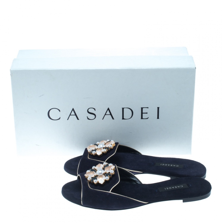 Pre Owned Casadei Navy Blue Suede Crystal Brooch Embellished Peep Toe Flat Slides Size 36