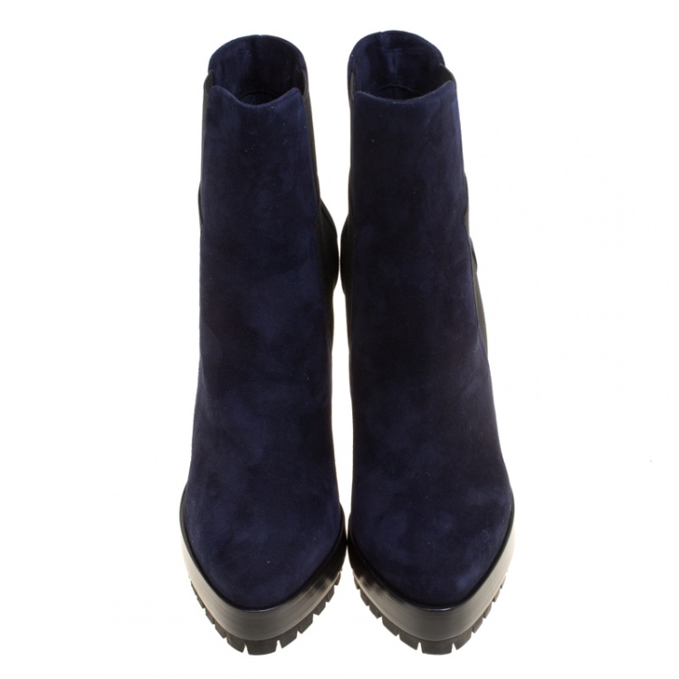 Pre Owned Casadei Navy Blue Suede Platform Ankle Boots Size 37
