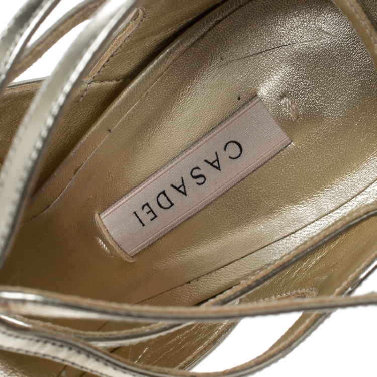 Pre Owned Casadei Metallic Gold and Lamè Fabric Ankle Strap Peep Toe Sandals Size 36