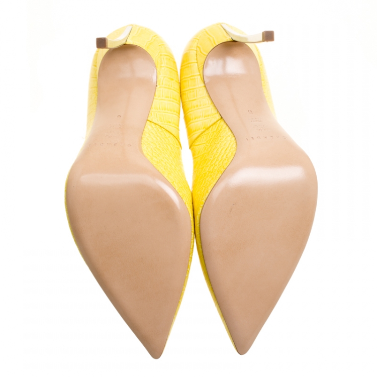 Pre Owned Casadei Yellow Croc Embossed Patent Leather Pointed Toe Pumps Size 38