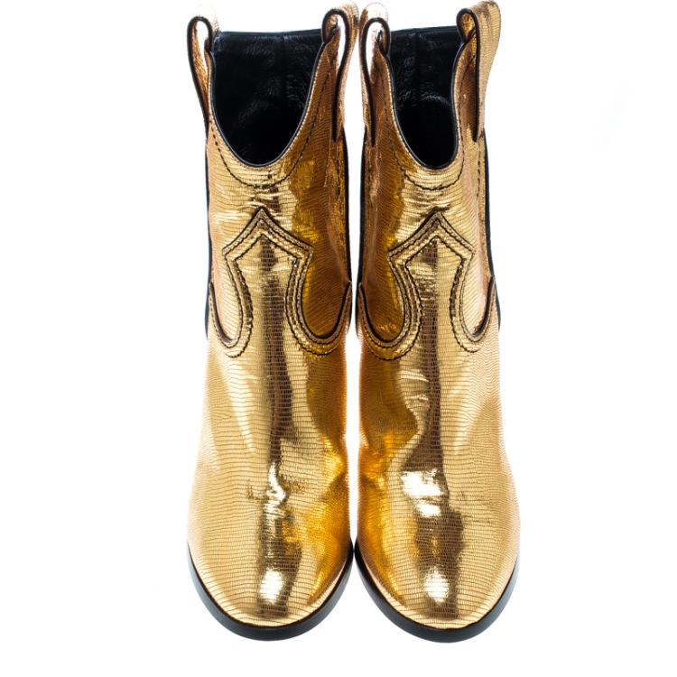 مملو�كة مسبقًا Casadei Metallic Gold Embossed Lizard Leather Cowboy Boots Size 40
