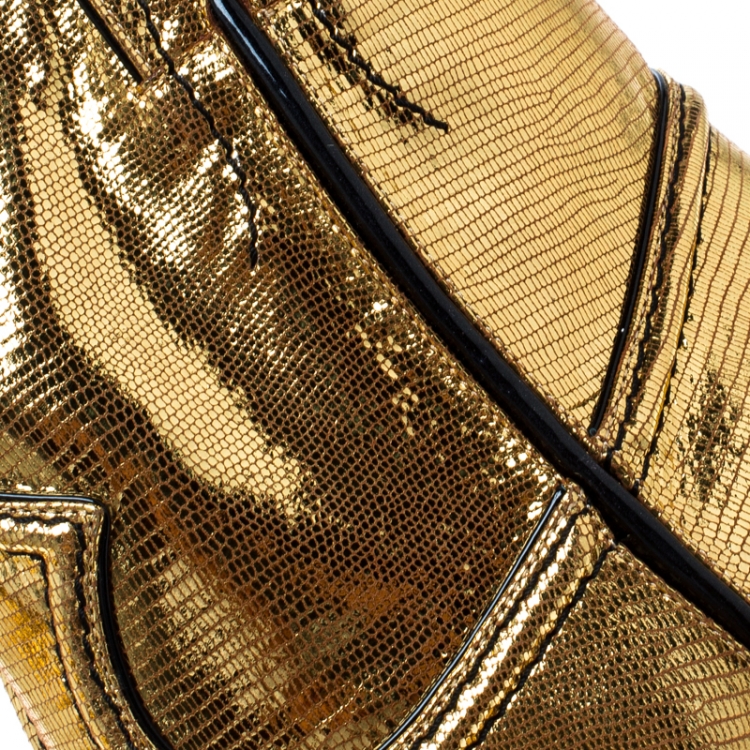مملوكة مسبقًا Casadei Metallic Gold Embossed Lizard Leather Cowboy Boots Size 40