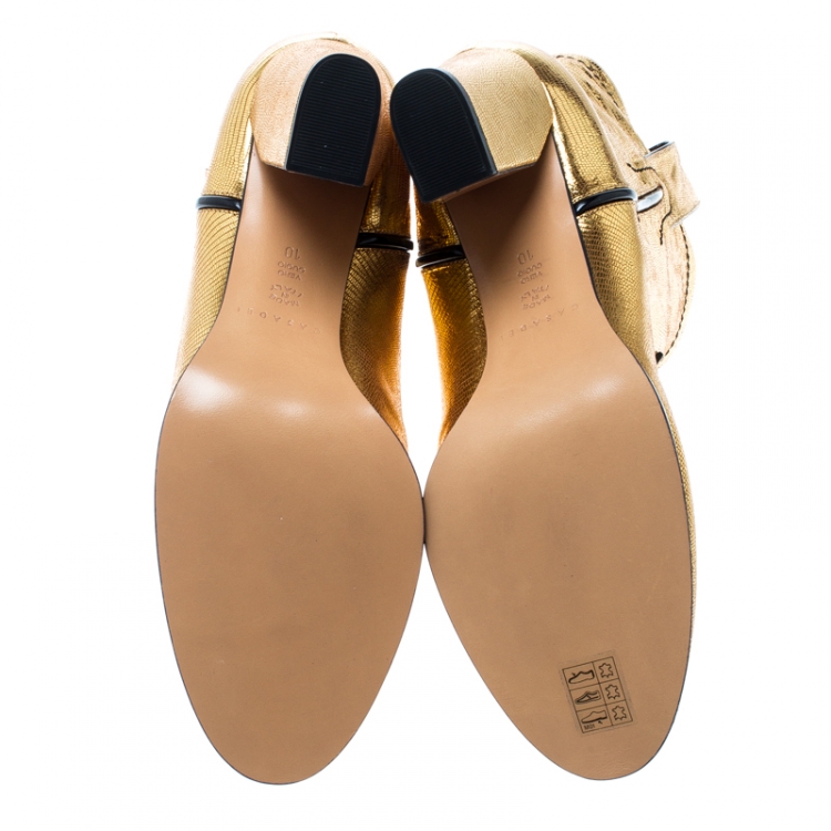 مملوكة مسبقًا Casadei Metallic Gold Embossed Lizard Leather Cowboy Boots Size 40